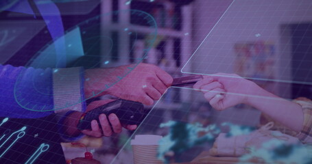 Poster - Image of data processing over diverse people paying with credit card