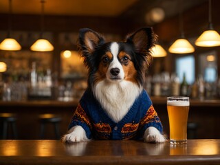 Wall Mural - Portrait of a Papillon dog drinking beer at the bar. Funny animals night out scene. Bar decor
