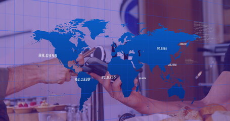 Poster - Image of data processing and world map over diverse people paying with smartphone