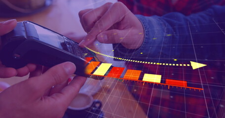 Poster - Image of data processing over diverse people paying with credit card