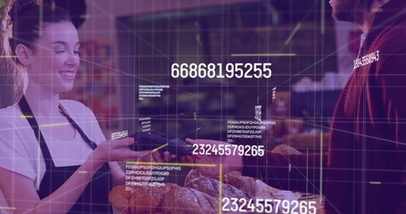Poster - Image of data processing over diverse people paying with credit card