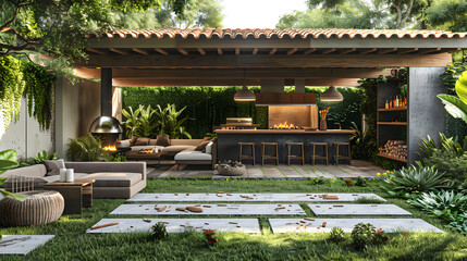 Wall Mural - An outdoor entertainment area with a built-in barbecue and a bar setup, many plants