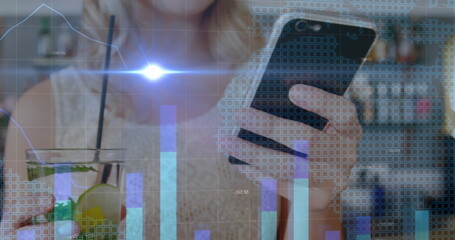 Poster - Image of light and graphs over midsection of caucasian woman using smartphone