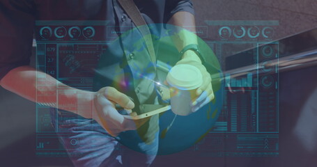 Poster - Image of data processing over hands of caucasian man using smartphone
