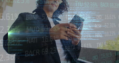 Poster - Image of financial data and code over biracial man using smartphone