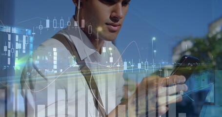 Poster - Image of graphs and road traffic over biracial man using smartphone