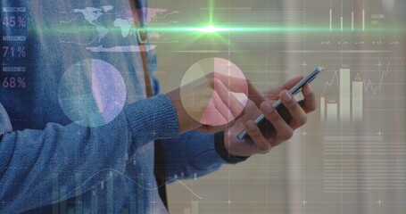 Poster - Image of graphs over hands of caucasian man using smartphone