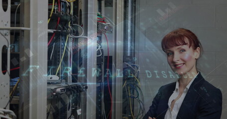 Canvas Print - Cyber security data processing against portrait of caucasian female engineer smiling in server room