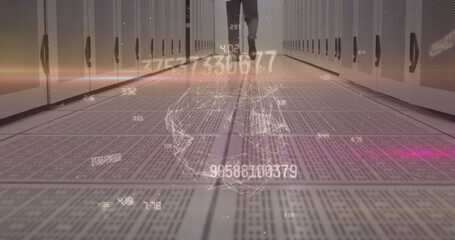 Poster - Globe of network of connections against low section of male engineer walking in computer server room