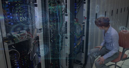 Poster - Security padlock icon and round scanners against caucasian female engineer working in server room