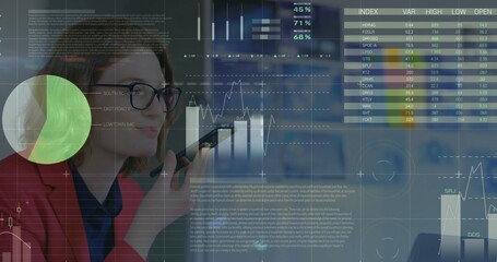 Poster - Image of financial data processing over business people walking