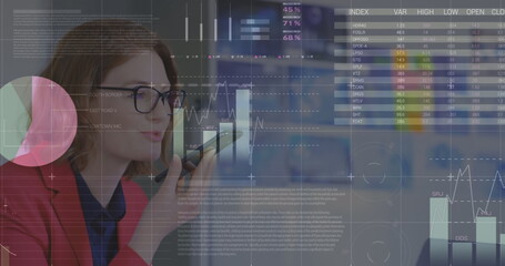 Poster - Image of statistical data processing over caucasian businesswoman talking on smartphone