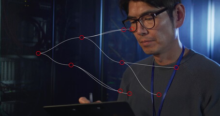 Poster - Image of network of connections over male asian it engineer