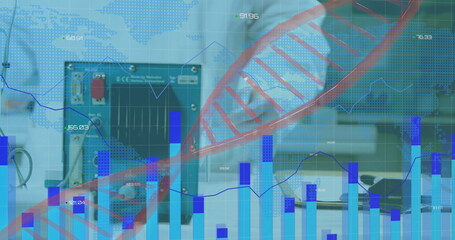 Poster - Image of data processing and dna strand over caucasian doctor in lab