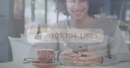 Poster - Image of social media icons over biracial men using smartphone