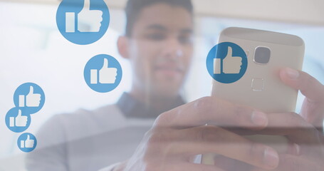 Poster - Image of digital clouds with percent going up over man using smartphone