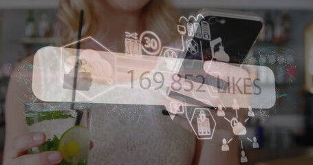 Poster - Image of social media icons over caucasian women using smartphone
