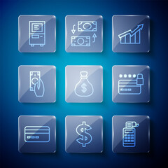 Poster - Set line Credit card, Dollar symbol, Cash register machine, Financial growth increase, Money bag, Fast payments, ATM and with lock icon. Vector