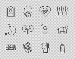 Poster - Set line Monitor with cardiogram, Ointment cream tube medicine, Heart rate, Life insurance hand, Clinical record, Human kidneys, IV bag and Blood pressure icon. Vector