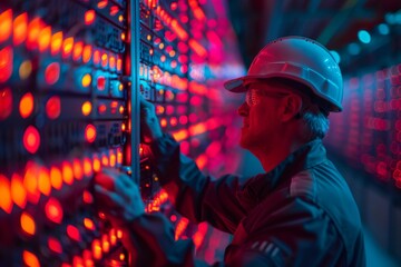 Bitcoin Mining Farm at Dawn: Workers Monitoring Servers Ahead of the Halving Event, Capturing the Essence of Innovation and Technology Advancement.