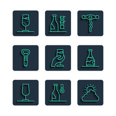 Wall Mural - Set line Wine glass, temperature, Sun and cloud weather, corkscrew, tasting, degustation, Bottle opener, and of wine icon. Vector