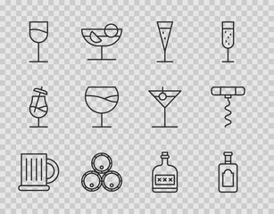 Wall Mural - Set line Wooden beer mug, Whiskey bottle, Glass of champagne, barrels, Wine glass, Alcohol drink Rum and corkscrew icon. Vector