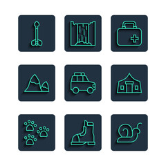 Sticker - Set line Paw print, Hunter boots, Snail, First aid kit, Car, Mountains, Arrow and Tourist tent icon. Vector