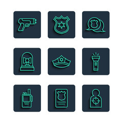 Sticker - Set line Walkie talkie, Police badge with id case, Human target sport for shooting, cap cockade, Flasher siren, electric shocker and Flashlight icon. Vector