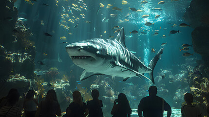 Wall Mural - Rear silhouette of a person watching whale shark and looking at the variety of sea fish life in Osaka Aquarium Kaiyukan. Whale shark swim in one of the largest aquarium