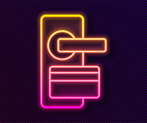 Poster - Glowing neon line Digital door lock with wireless technology for unlock icon isolated on black background. Door handle sign. Security smart home. Vector