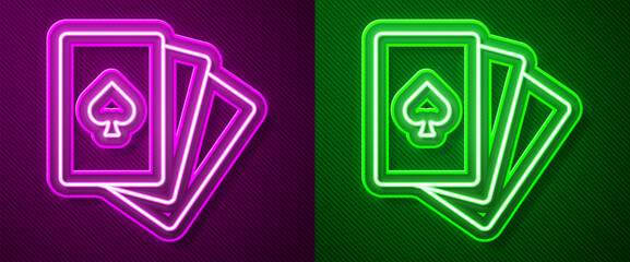 Sticker - Glowing neon line Deck of playing cards icon isolated on purple and green background. Casino gambling. Vector