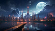 Fantasy Landscape of the ancient city at night with full moon