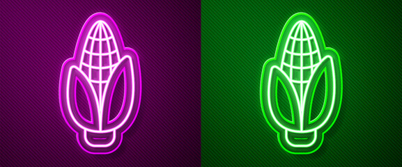 Wall Mural - Glowing neon line Corn icon isolated on purple and green background. Vector