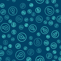 Poster - Green line Light bulb with concept of idea icon isolated seamless pattern on blue background. Energy and idea symbol. Inspiration concept. Vector