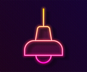 Poster - Glowing neon line Lamp hanging icon isolated on black background. Ceiling lamp light bulb. Vector