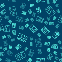 Poster - Green line Calculator icon isolated seamless pattern on blue background. Accounting symbol. Business calculations mathematics education and finance. Vector