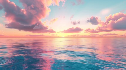 Wall Mural - Beautiful sunset over the sea with pink and orange sky, blue background, calm water surface, beautiful clouds, view from a panoramic perspective