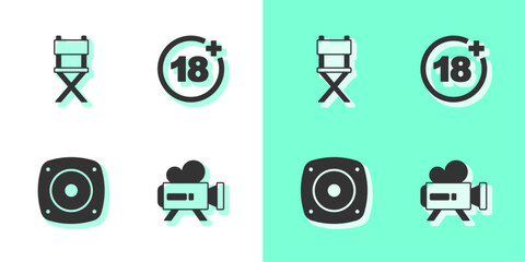 Canvas Print - Set Retro cinema camera, Director movie chair, Stereo speaker and Plus 18 icon. Vector