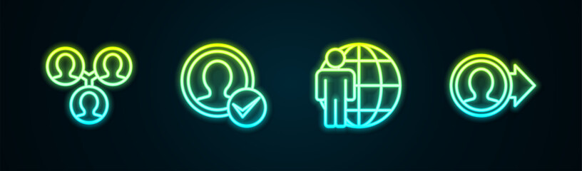 Poster - Set line Project team base, Create account screen, Head hunting and . Glowing neon icon. Vector