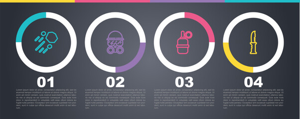 Sticker - Set line Flying stone, Gas mask, Hand grenade and Military knife. Business infographic template. Vector