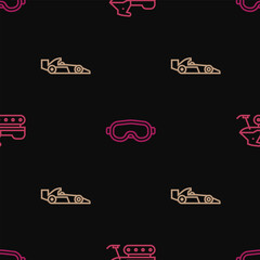 Sticker - Set line Snowmobile, Formula 1 racing car and Ski goggles on seamless pattern. Vector