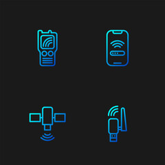 Poster - set line usb wireless adapter, satellite, walkie talkie and mobile with wi-fi. gradient color icons.