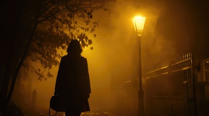 Silhouette of a young woman walking alone down a dark street at night,.