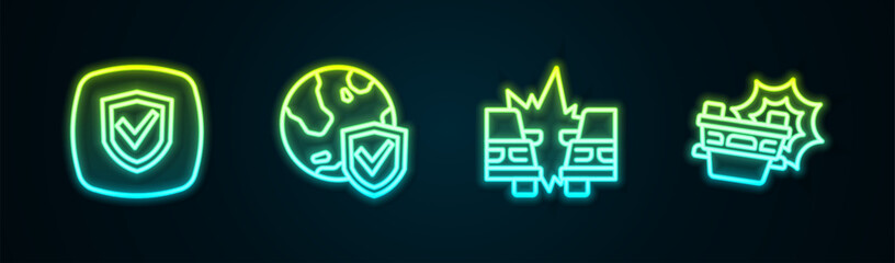Poster - Set line Shield, with world globe, Car accident and . Glowing neon icon. Vector