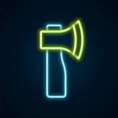 Wall Mural - Glowing neon line Wooden axe icon isolated on black background. Lumberjack axe. Colorful outline concept. Vector