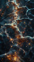 Poster - Twinkling neural pathway in deep blue ambiance - This image captures a neural pathway with twinkling lights, suggesting complex brain activities or data transfer in cyberspace