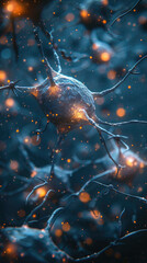 Poster - Neuron-like structure glowing with connections - High detail visualization of a neuron-like structure, illuminated and glowing, symbolizing connectivity, brain function, or scientific discovery