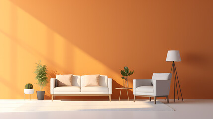 Wall Mural - Living room with pink walls, in the style of light white and dark orange, minimalist concept 