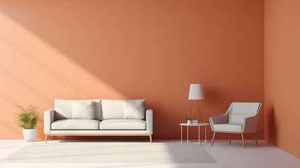 Wall Mural - Living room with pink walls, in the style of light white and dark orange, minimalist concept 
