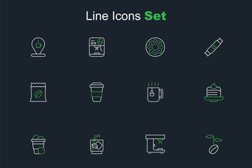 Sticker - Set line Coffee beans, machine, Espresso tonic coffee, Iced, Piece cake, Cup tea with bag, cup go and Bag icon. Vector